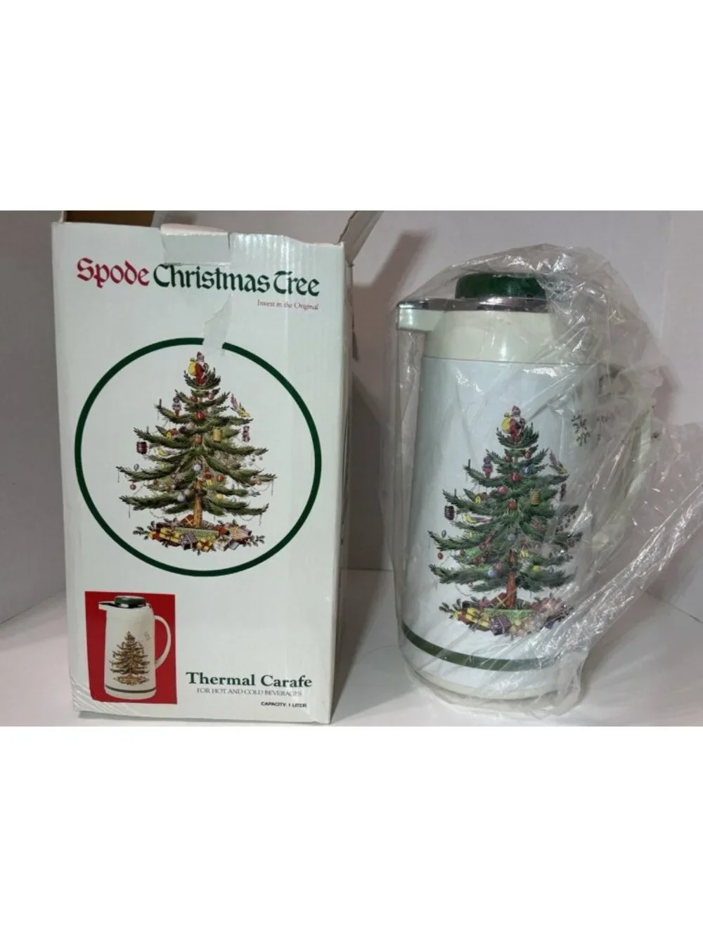 Vintage Spode Christmas Tree Insulated Thermal Carafe Thermos Pot Coffee Tea